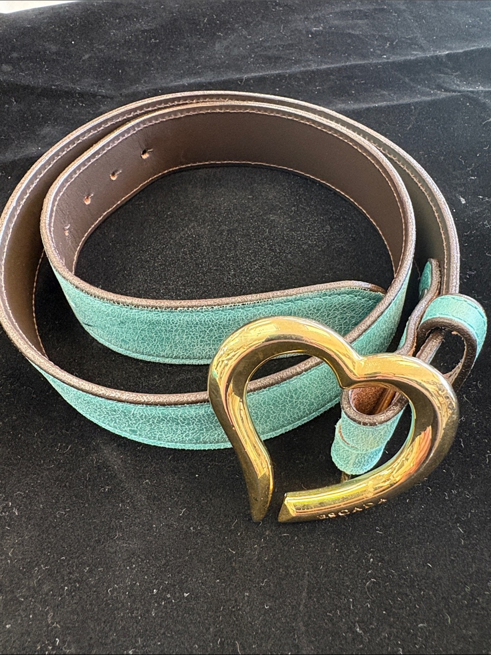 Escada Teal Leather Belt with Gold Heart Buckle